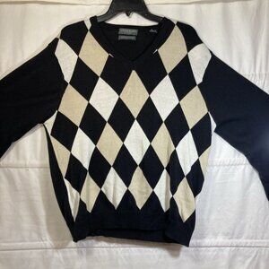 Lyle Scott Men’s Sweater Med Black & Cream Argyle Combed Cotton V Neck Scotland